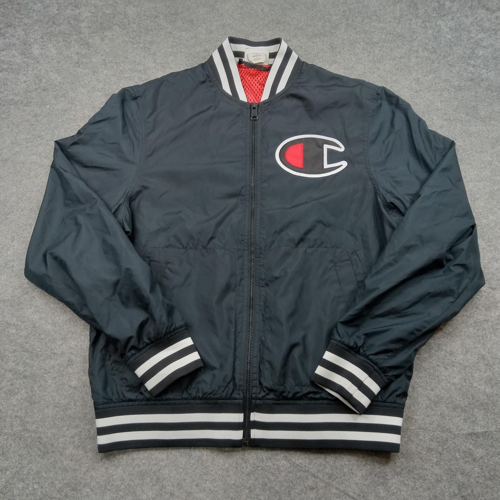 Champion Jacket Mens Medium Black Bomber Windbreaker Full Zip Back‎ Logo